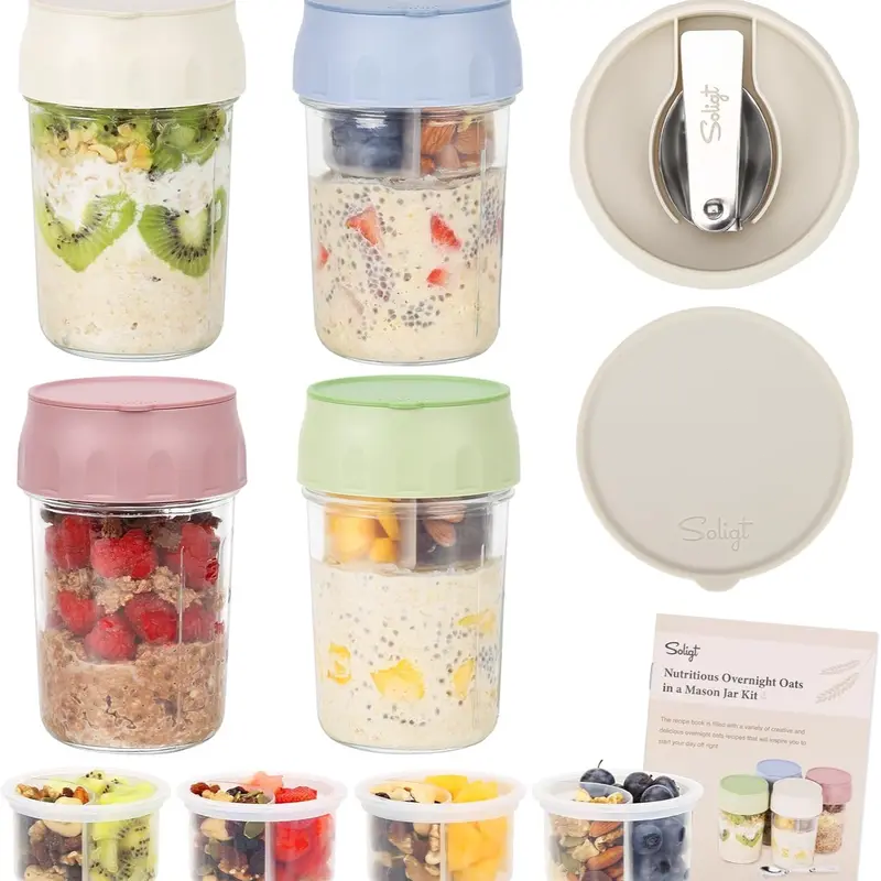 16oz Glass Overnight Oats Containers with Lids & Folding Spoons – Reusable Meal Prep Jars with Divided Compartments for Yogurt, Fruit, Granola, Snacks & Breakfast