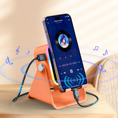 5-in-1 Wireless Induction Speaker with Phone Holder, 360° Adjustable Phone & Tablet Stand, 3500mAh Rechargeable Power Bank and Colorful Ambient LED Light
