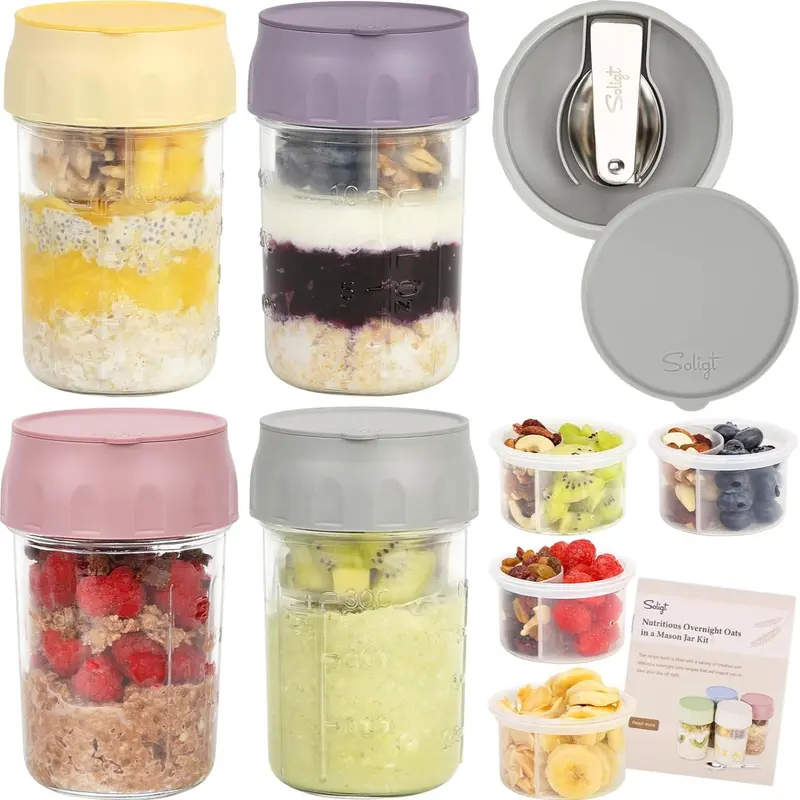 16oz Glass Overnight Oats Containers with Lids & Folding Spoons – Reusable Meal Prep Jars with Divided Compartments for Yogurt, Fruit, Granola, Snacks & Breakfast