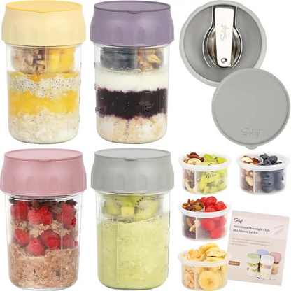 16oz Glass Overnight Oats Containers with Lids & Folding Spoons – Reusable Meal Prep Jars with Divided Compartments for Yogurt, Fruit, Granola, Snacks & Breakfast