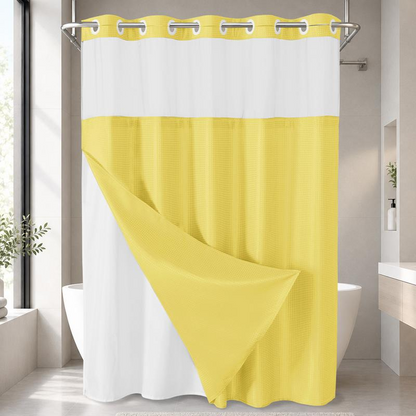 No Hook Shower Curtain with Snap-In Liner, Waffle Weave Waterproof Shower Curtain, Double-Layer Design with Removable Washable Liner