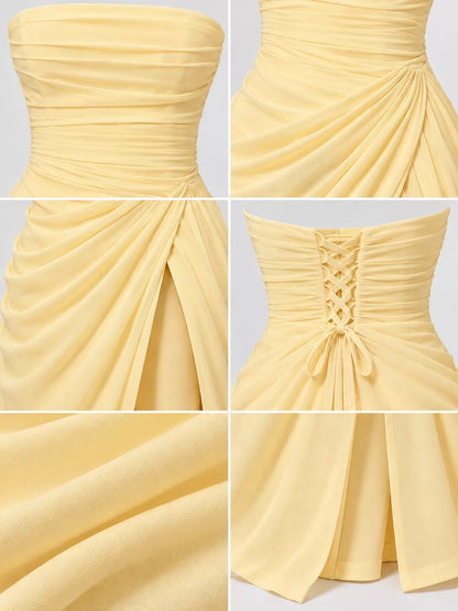 Strapless Ruched High-Slit Evening Maxi Dress