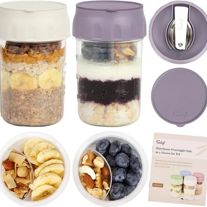 16oz Glass Overnight Oats Containers with Lids & Folding Spoons – Reusable Meal Prep Jars with Divided Compartments for Yogurt, Fruit, Granola, Snacks & Breakfast