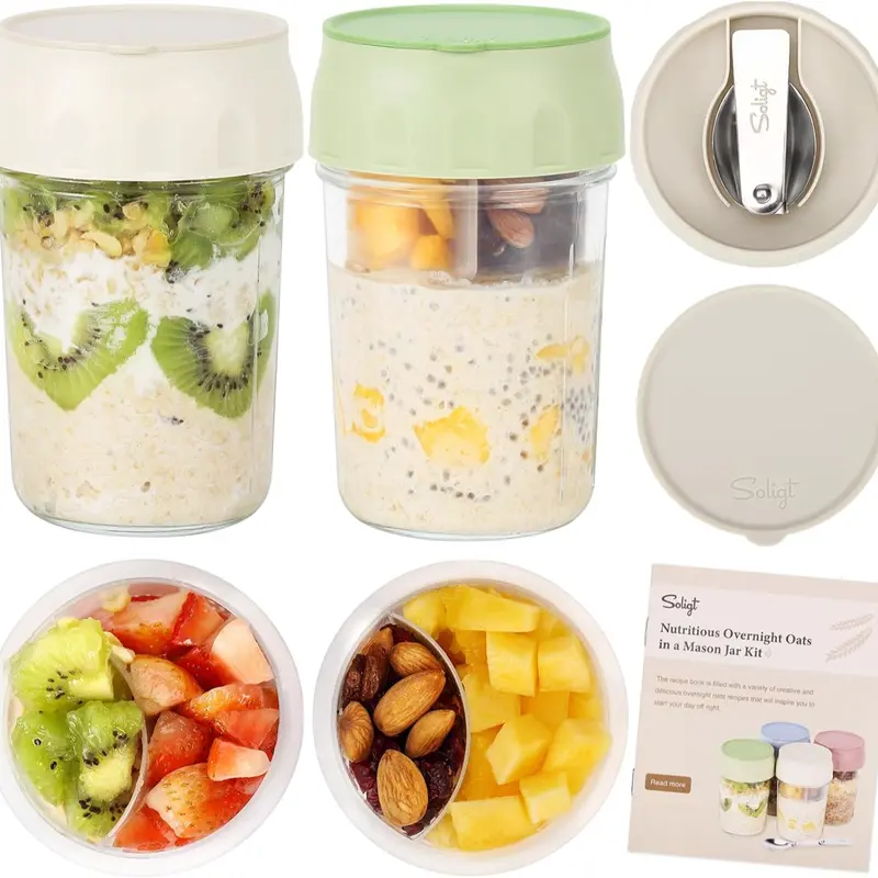 16oz Glass Overnight Oats Containers with Lids & Folding Spoons – Reusable Meal Prep Jars with Divided Compartments for Yogurt, Fruit, Granola, Snacks & Breakfast