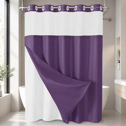 No Hook Shower Curtain with Snap-In Liner, Waffle Weave Waterproof Shower Curtain, Double-Layer Design with Removable Washable Liner