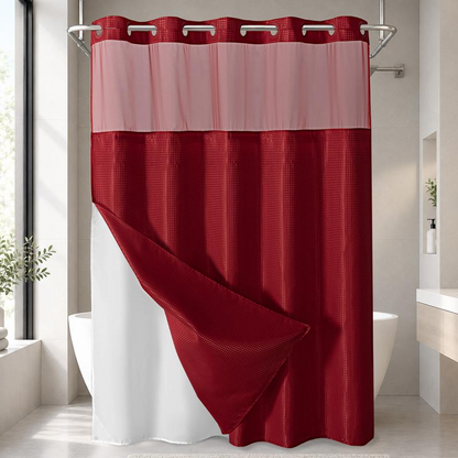 No Hook Shower Curtain with Snap-In Liner, Waffle Weave Waterproof Shower Curtain, Double-Layer Design with Removable Washable Liner