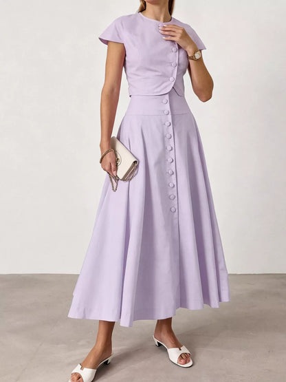 Cap Sleeve Button-Down Crop Top and Midi Skirt Set