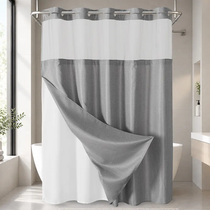 No Hook Shower Curtain with Snap-In Liner, Waffle Weave Waterproof Shower Curtain, Double-Layer Design with Removable Washable Liner
