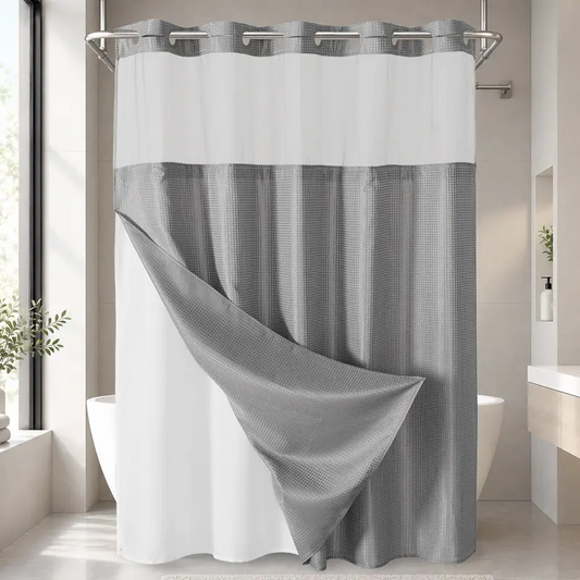 No Hook Shower Curtain with Snap-In Liner, Waffle Weave Waterproof Shower Curtain, Double-Layer Design with Removable Washable Liner