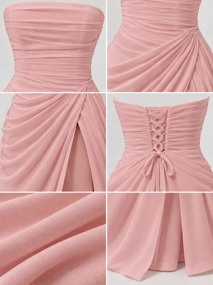 Strapless Ruched High-Slit Evening Maxi Dress