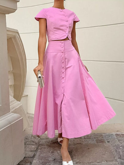 Cap Sleeve Button-Down Crop Top and Midi Skirt Set