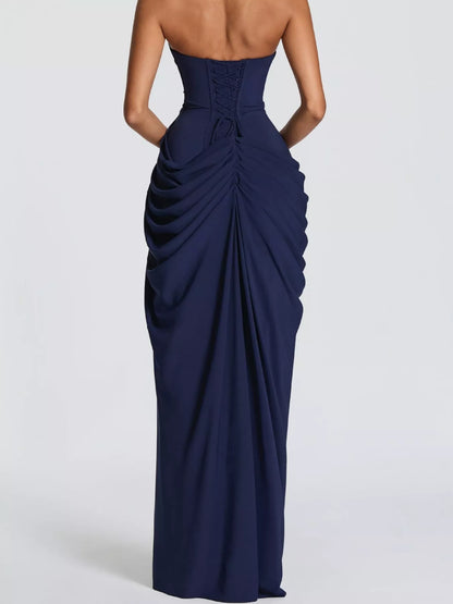 Strapless Ruched High-Slit Evening Maxi Dress