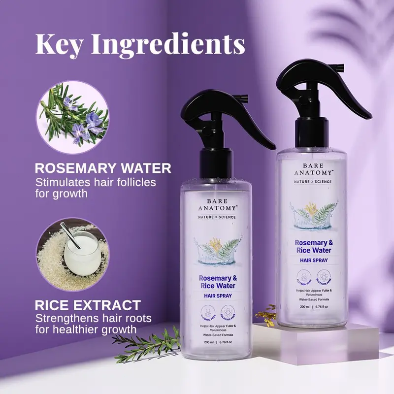 Rosemary Water & Rice Water Hair Treatment – Natural Extract Hair Spray for Smooth, Soft & Healthy-Looking Hair, Lightweight Fast-Absorbing Non-Greasy Formula, 200 ml
