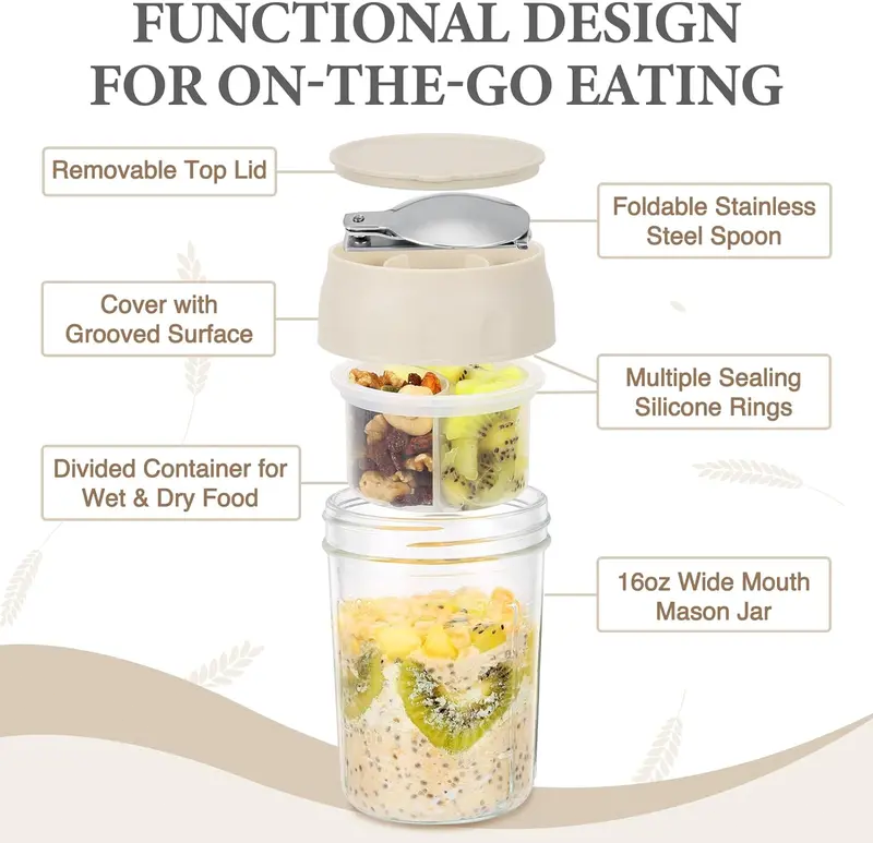 16oz Glass Overnight Oats Containers with Lids & Folding Spoons – Reusable Meal Prep Jars with Divided Compartments for Yogurt, Fruit, Granola, Snacks & Breakfast