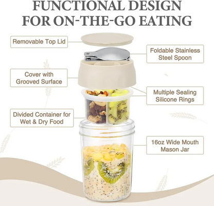 16oz Glass Overnight Oats Containers with Lids & Folding Spoons – Reusable Meal Prep Jars with Divided Compartments for Yogurt, Fruit, Granola, Snacks & Breakfast