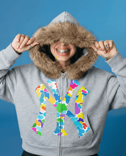 NY Multi-Colored Uptown Skyline Fur Detachable Zip Up Hoodie Y2K Loose Fit Cropped