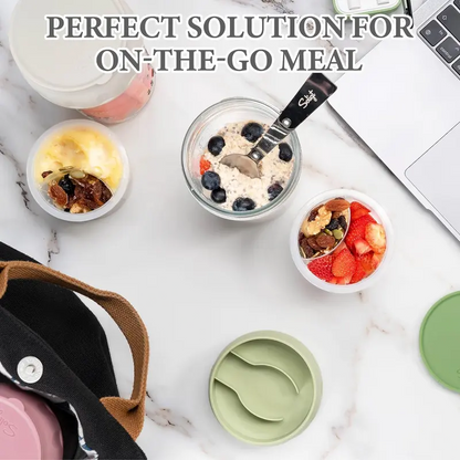 16oz Glass Overnight Oats Containers with Lids & Folding Spoons – Reusable Meal Prep Jars with Divided Compartments for Yogurt, Fruit, Granola, Snacks & Breakfast