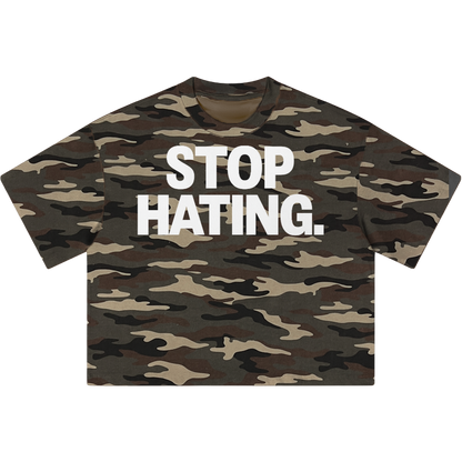 "STOP HATING" Urban Camouflage Cropped Oversized Shirt Streetwear Boxy Unisex Top