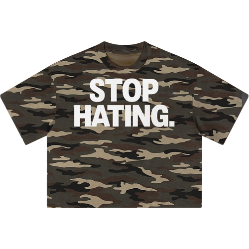 "STOP HATING" Urban Camouflage Cropped Oversized Shirt Streetwear Boxy Unisex Top