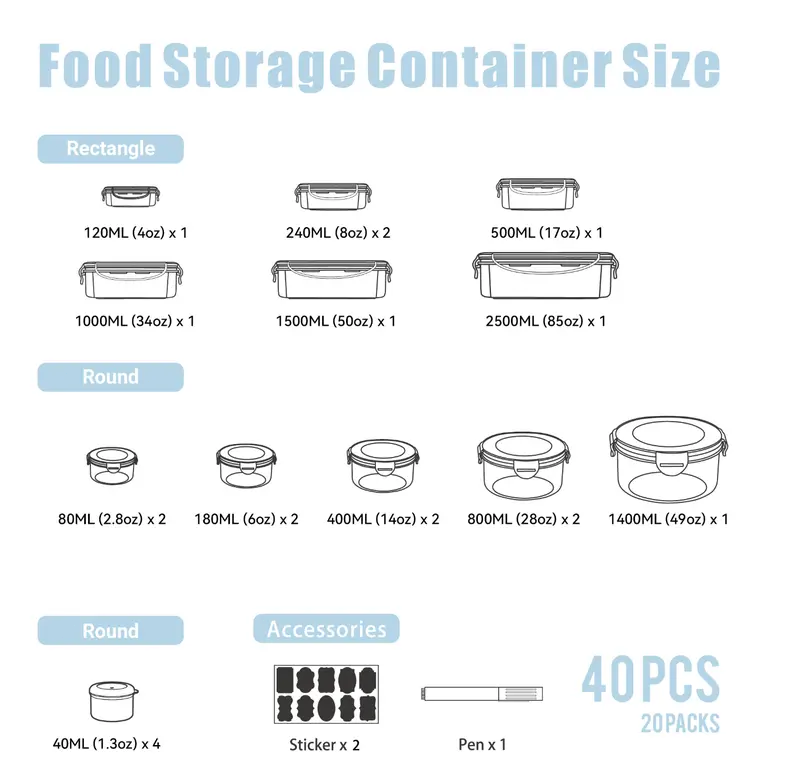 40-Piece Airtight Food Storage Containers with Lids, BPA-Free Stackable Kitchen Storage Organizer Set