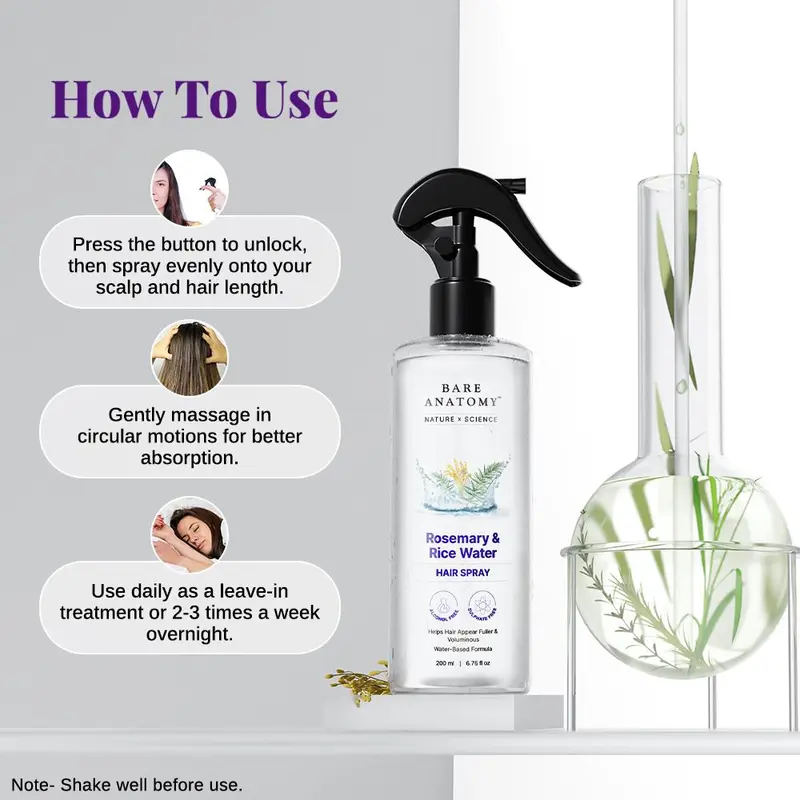 Rosemary Water & Rice Water Hair Treatment – Natural Extract Hair Spray for Smooth, Soft & Healthy-Looking Hair, Lightweight Fast-Absorbing Non-Greasy Formula, 200 ml
