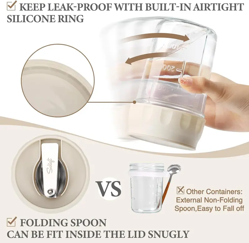 16oz Glass Overnight Oats Containers with Lids & Folding Spoons – Reusable Meal Prep Jars with Divided Compartments for Yogurt, Fruit, Granola, Snacks & Breakfast