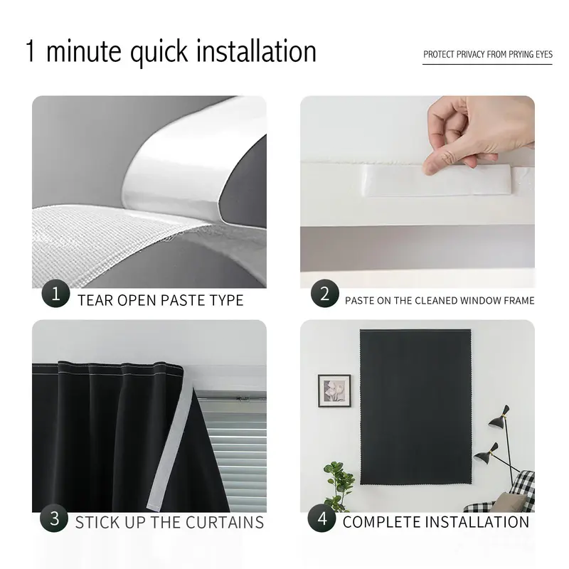 Blackout Window Curtain Panel with Magic Tape, Easy-Install Light Blocking Privacy Curtain for Bedroom, Living Room, Kitchen, Nursery, Office & Apartment, Removable Reusable Window Cover for Better Sleep, Home Privacy & Party Decoration