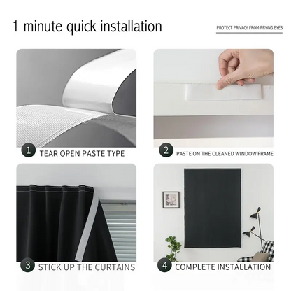 Blackout Window Curtain Panel with Magic Tape, Easy-Install Light Blocking Privacy Curtain for Bedroom, Living Room, Kitchen, Nursery, Office & Apartment, Removable Reusable Window Cover for Better Sleep, Home Privacy & Party Decoration