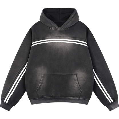 Black Eclipse Track Sun Fade Hoodie Contrast Tape Fleece Streetwear Oversized Y2K Tracksuit Set
