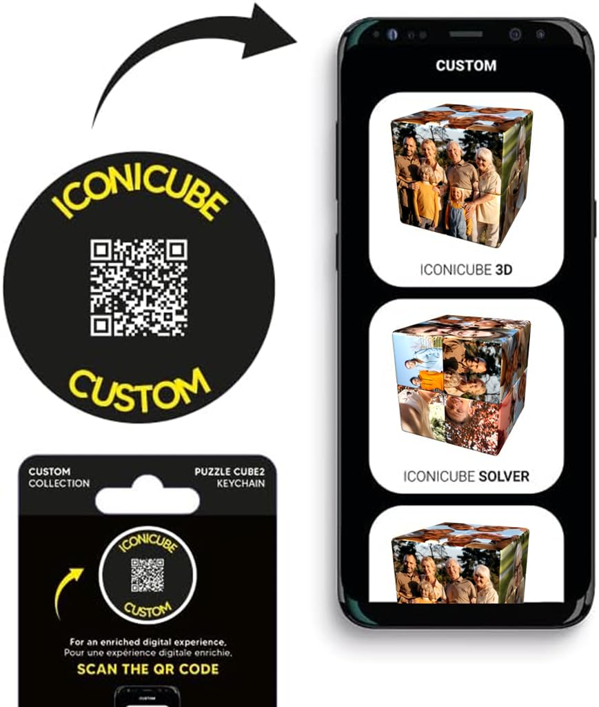 ICONICUBE Photo Puzzle Cube Personnalisé - QR Code pour Une Résolution Facile - Cadeau Unique pour Anniversaire, Noël, Enfants, Parents, Amis, Entreprises - Made in France (2x2 Mini Keychain)
