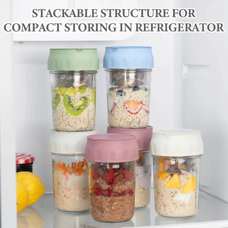 16oz Glass Overnight Oats Containers with Lids & Folding Spoons – Reusable Meal Prep Jars with Divided Compartments for Yogurt, Fruit, Granola, Snacks & Breakfast