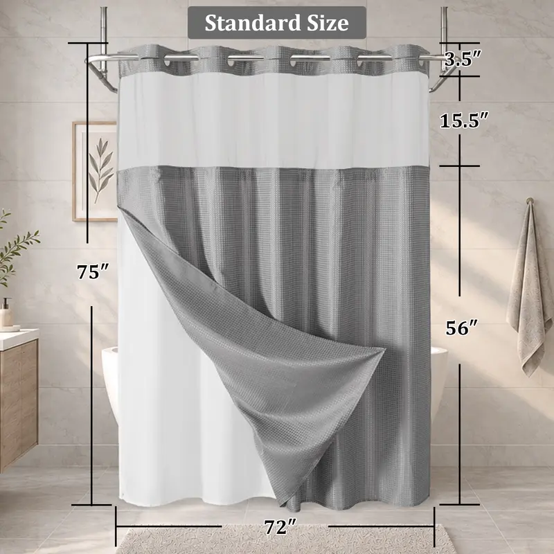 No Hook Shower Curtain with Snap-In Liner, Waffle Weave Waterproof Shower Curtain, Double-Layer Design with Removable Washable Liner