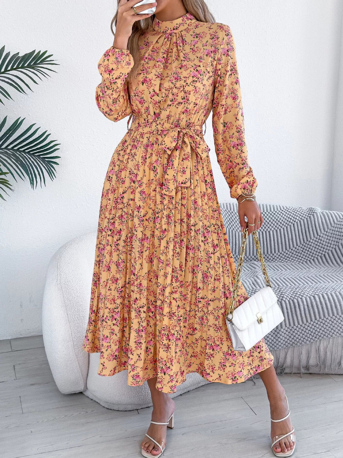 Floral Print Long Sleeve Midi Dress
