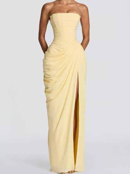 Strapless Ruched High-Slit Evening Maxi Dress