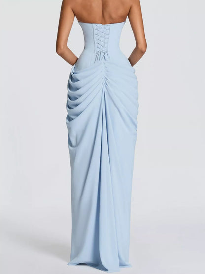 Strapless Ruched High-Slit Evening Maxi Dress