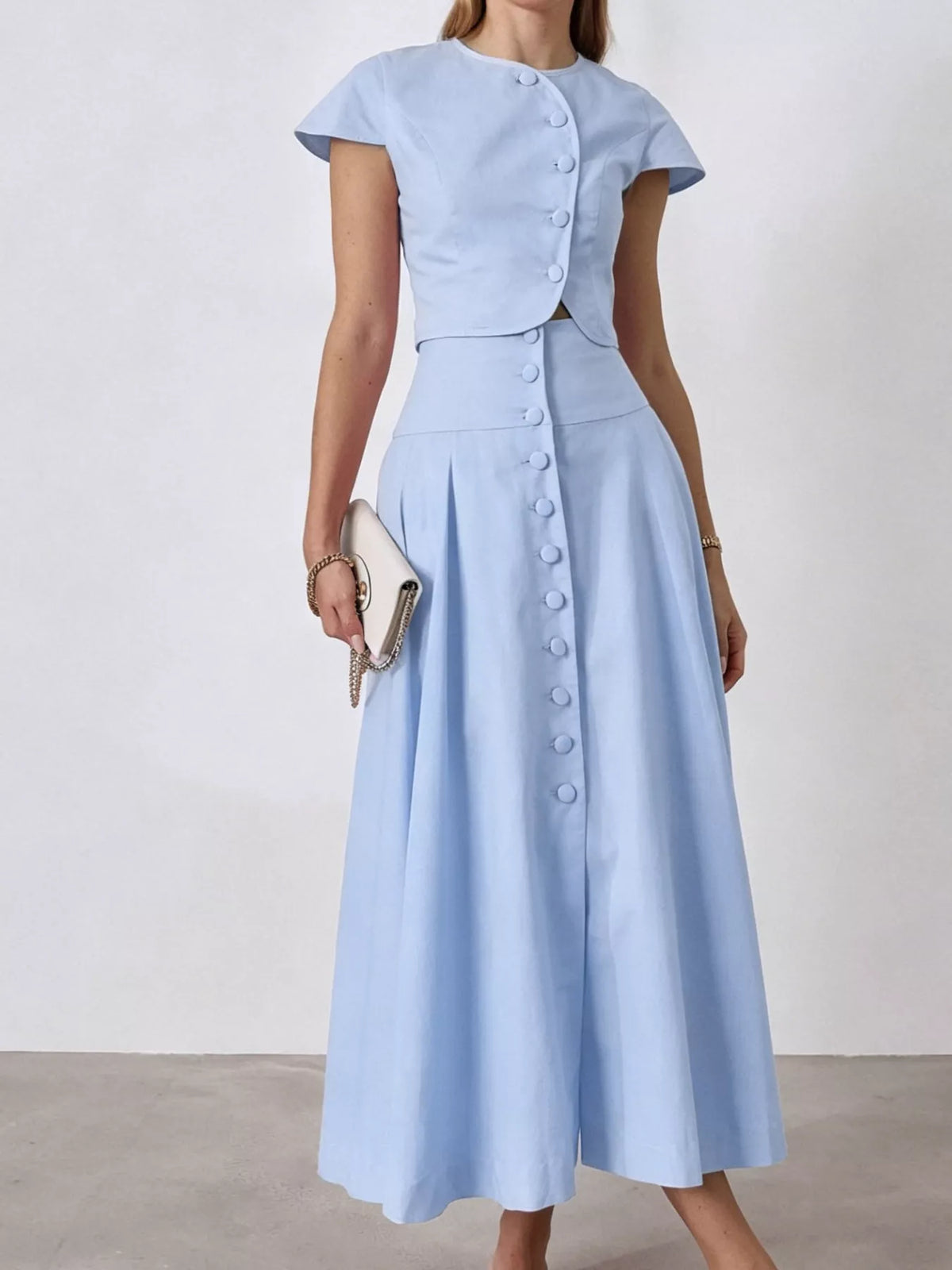 Cap Sleeve Button-Down Crop Top and Midi Skirt Set