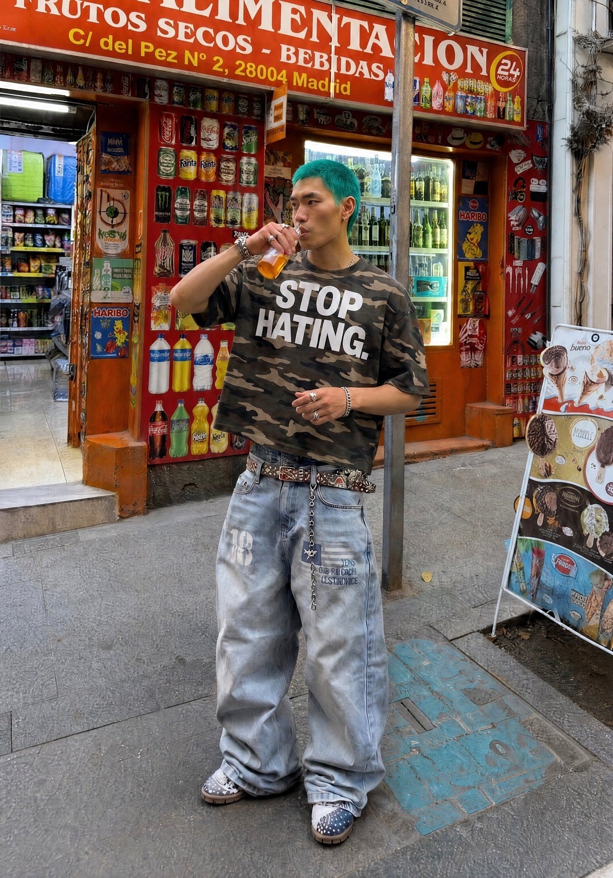 "STOP HATING" Urban Camouflage Cropped Oversized Shirt Streetwear Boxy Unisex Top