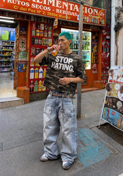 "STOP HATING" Urban Camouflage Cropped Oversized Shirt Streetwear Boxy Unisex Top