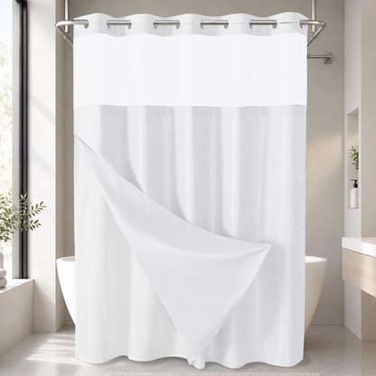 No Hook Shower Curtain with Snap-In Liner, Waffle Weave Waterproof Shower Curtain, Double-Layer Design with Removable Washable Liner