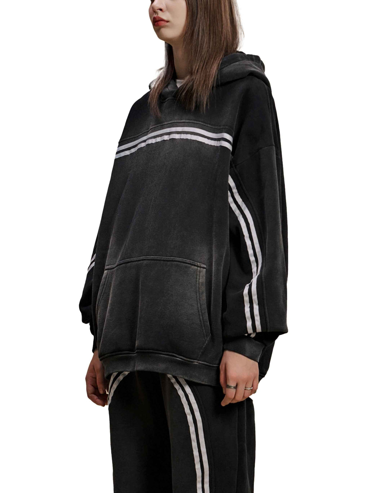 Black Eclipse Track Sun Fade Hoodie Contrast Tape Fleece Streetwear Oversized Y2K Tracksuit Set