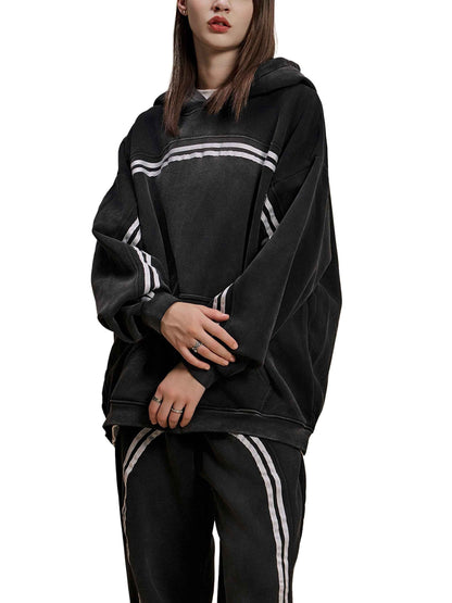 Black Eclipse Track Sun Fade Hoodie Contrast Tape Fleece Streetwear Oversized Y2K Tracksuit Set