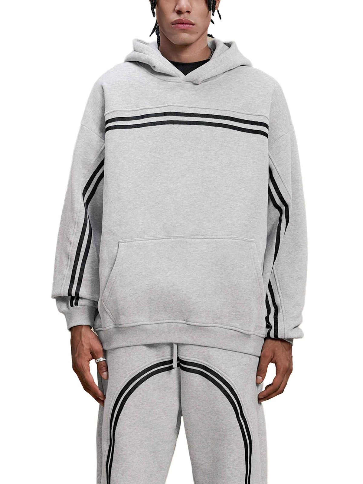 Black Eclipse Track Sun Fade Hoodie Contrast Tape Fleece Streetwear Oversized Y2K Tracksuit Set
