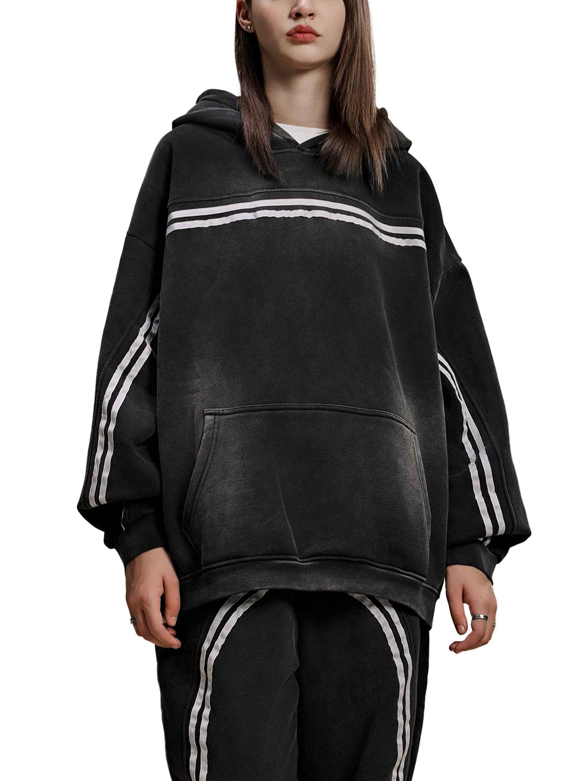 Black Eclipse Track Sun Fade Hoodie Contrast Tape Fleece Streetwear Oversized Y2K Tracksuit Set