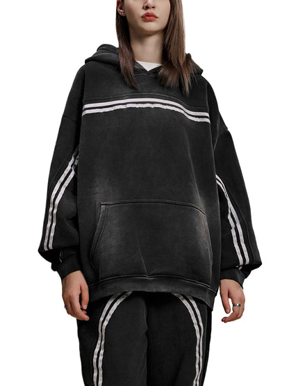 Black Eclipse Track Sun Fade Hoodie Contrast Tape Fleece Streetwear Oversized Y2K Tracksuit Set