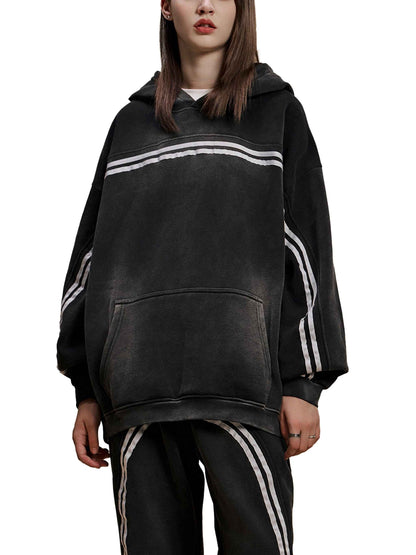 Black Eclipse Track Sun Fade Hoodie Contrast Tape Fleece Streetwear Oversized Y2K Tracksuit Set