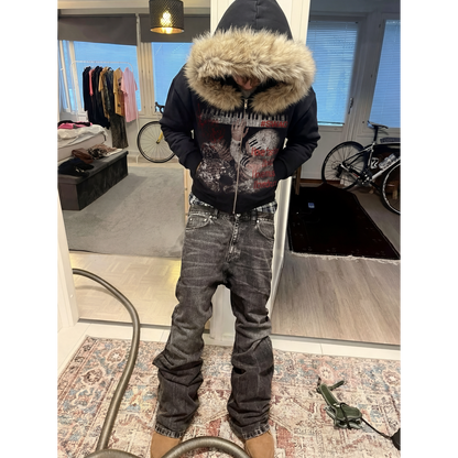 Keys Furr Black Cropped 400GSM Zip-Up Hoodie Streetwear Graphic Y2K Unisex Cotton
