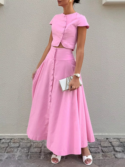 Cap Sleeve Button-Down Crop Top and Midi Skirt Set