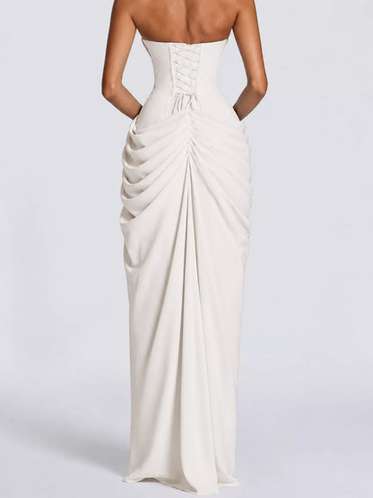 Strapless Ruched High-Slit Evening Maxi Dress