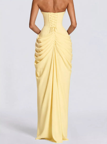 Strapless Ruched High-Slit Evening Maxi Dress