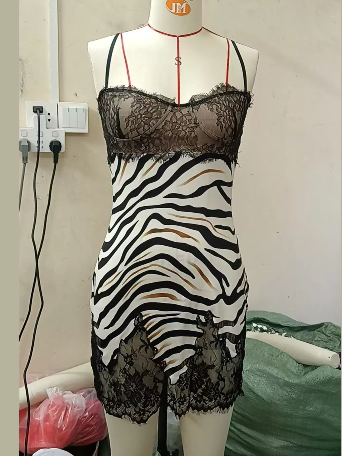 Zebra Print Lace Trim Spaghetti Strap Mini Dress